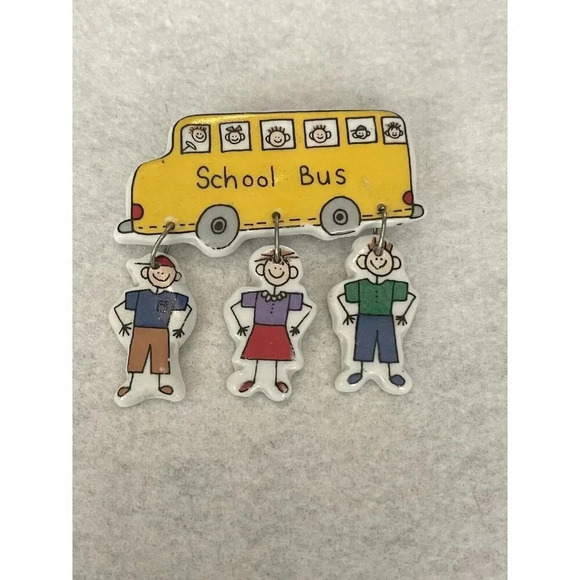 Vintage VTG Yellow School Bus Ceramic Brooch Pin Bus Drivers Children - Picture 1 of 5